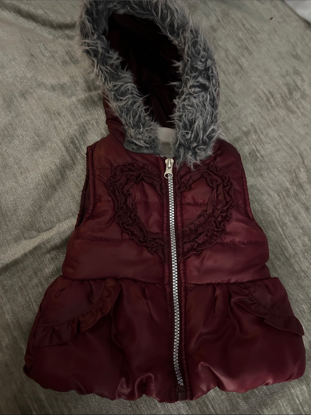 Little Lass Burgundy Hooded Puffer Vest with Faux Fur Trim